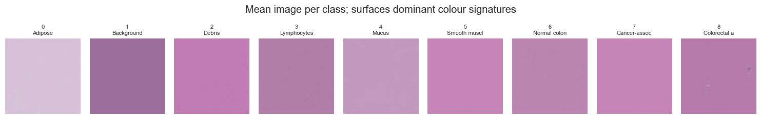 Per-class mean images showing distinctive colours for three classes and near-identical averages for the rest.