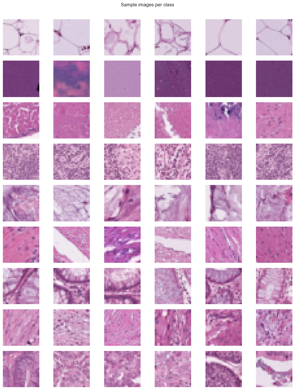 Six random training samples for each of the nine tissue classes.